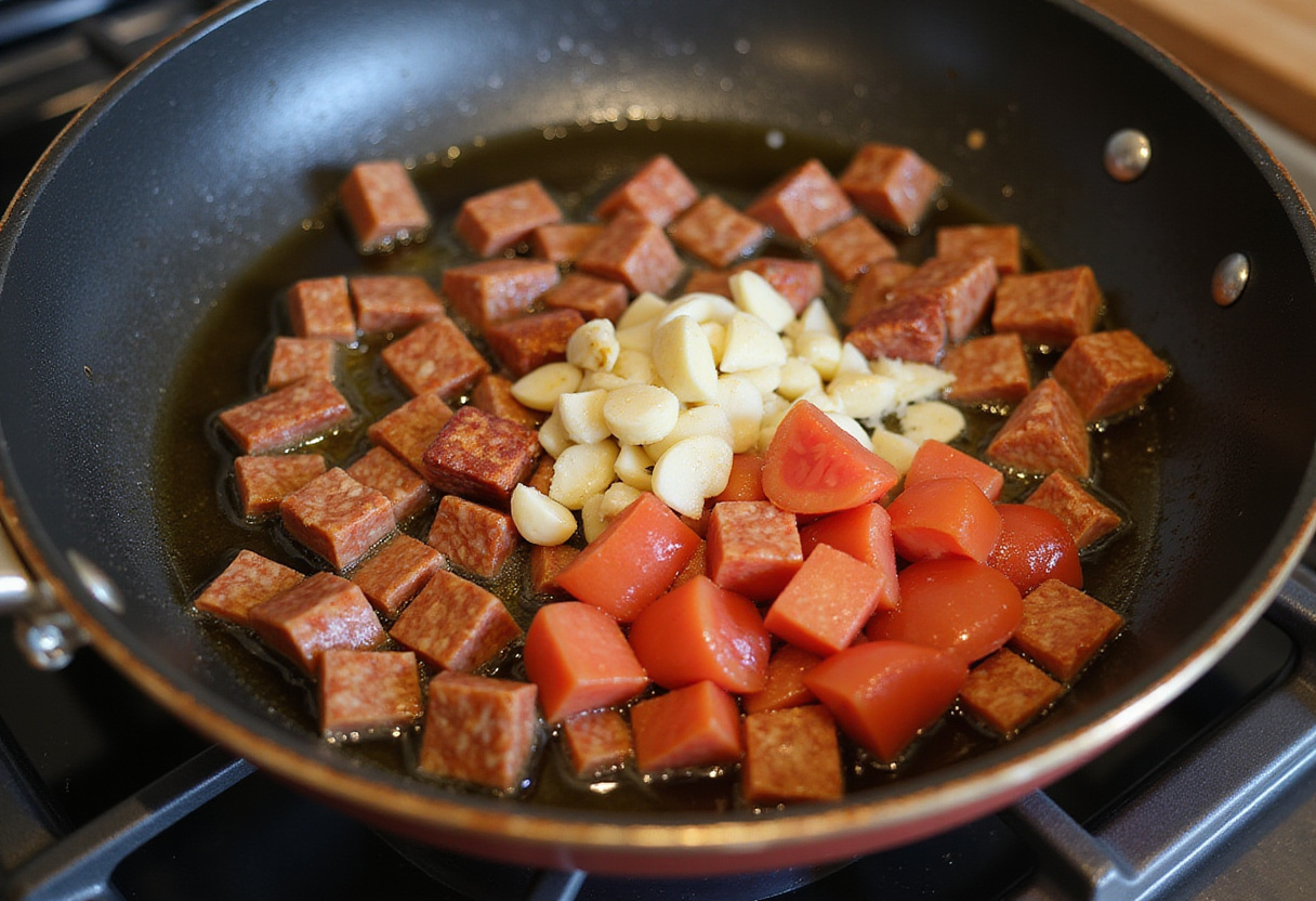 Sizzling chorizo and garlic being prepared for Riz au Chorizo et à la Tomate