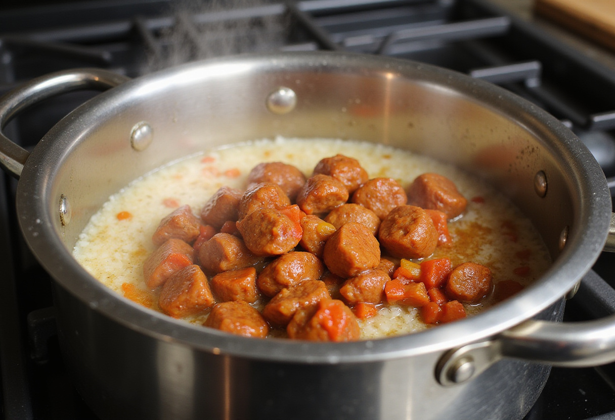 Cooking rice with chorizo and tomato sauce for delicious Riz au Chorizo