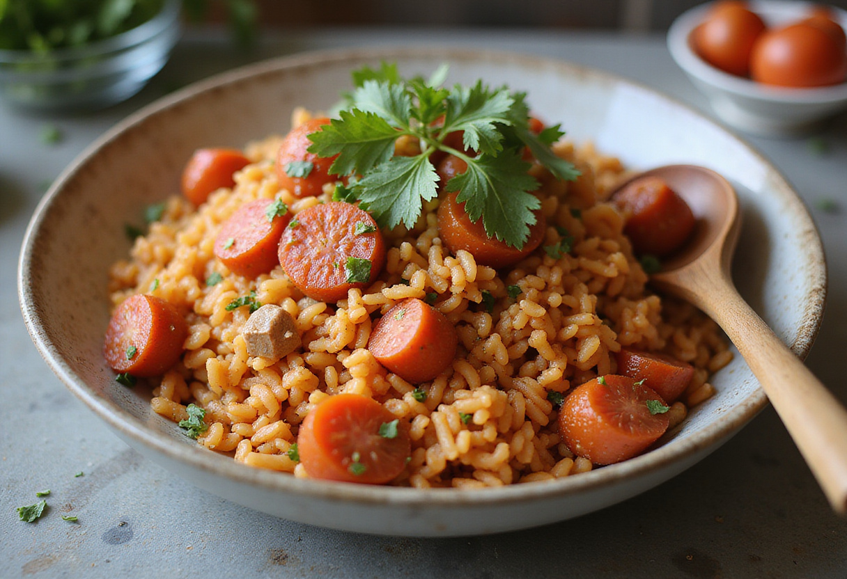 Mixing cooked rice with chorizo and tomatoes for a flavorful Riz au Chorizo dish