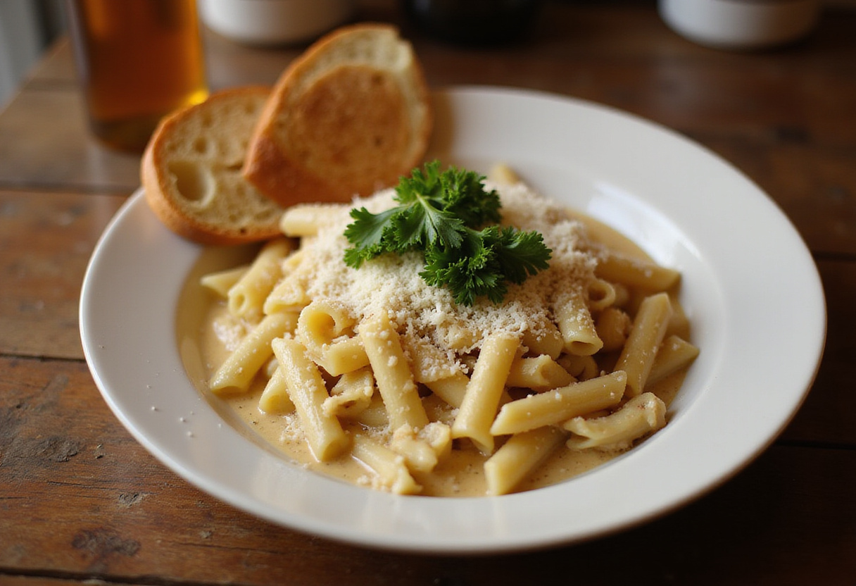 Delicious restaurant-style creamy garlic penne pasta served in a bowl, showcasing a perfect balance of flavors and textures for an appealing dinner.
