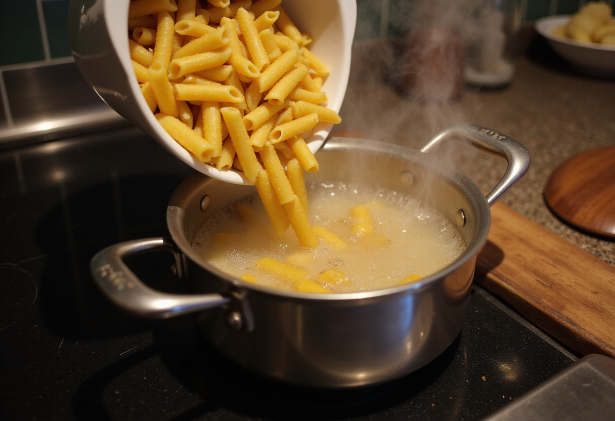 Cooking penne pasta in boiling water for creamy garlic penne pasta, a step towards a homemade restaurant-style dish.