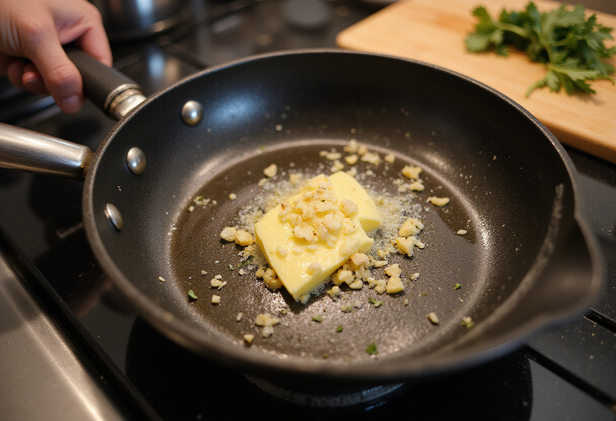 Sautรฉing garlic in butter for a creamy garlic sauce, essential for authentic restaurant-style creamy garlic penne pasta.
