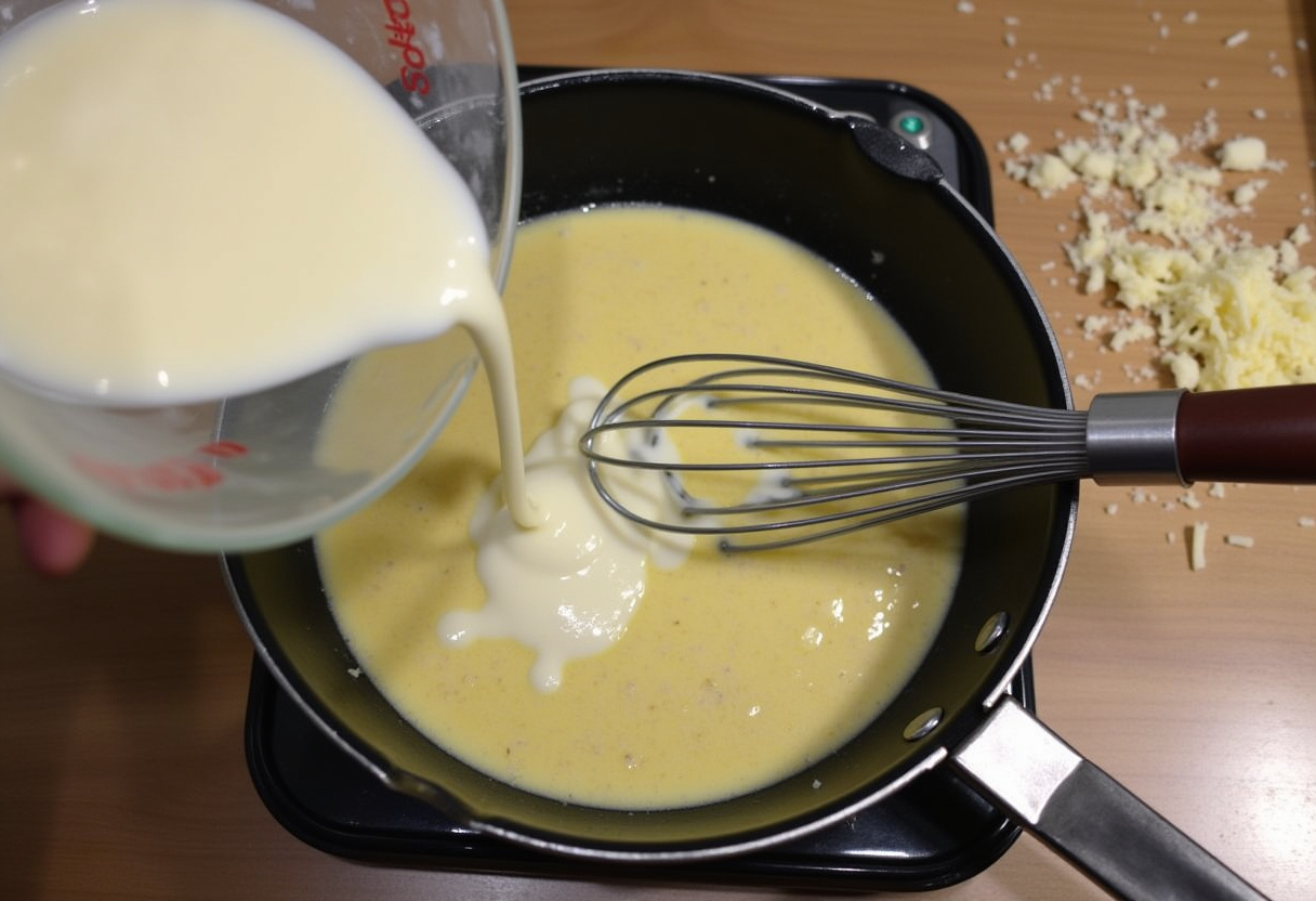 Combining heavy cream and sautรฉed garlic for a luscious sauce, a key step in making creamy garlic penne pasta.