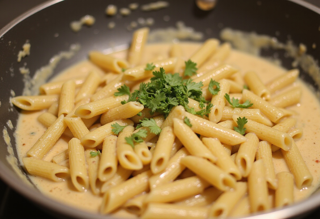 Mixing cooked penne pasta with creamy garlic sauce, a crucial step in preparing a delicious restaurant-style creamy garlic penne pasta.