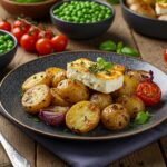 An elegant presentation of roasted potatoes with baked feta and garlic, beautifully plated for a flavorful dish that highlights the delicious roasted potatoes with baked feta and garlic recipe.