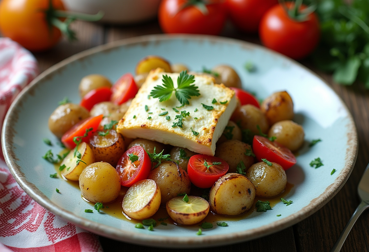 An elegant presentation of roasted potatoes with baked feta and garlic, beautifully plated for a flavorful dish that highlights the delicious roasted potatoes with baked feta and garlic recipe.