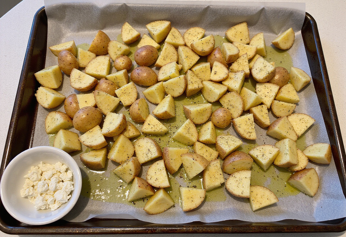Diced potatoes on a baking tray, seasoned and ready to be roasted, along with crumbled feta cheese for the ultimate roasted potatoes with baked feta and garlic.