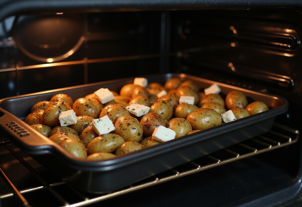 A baking tray with seasoned potatoes and feta cheese placed into the oven for perfect roasting, featured in the delicious roasted potatoes with baked feta and garlic recipe.