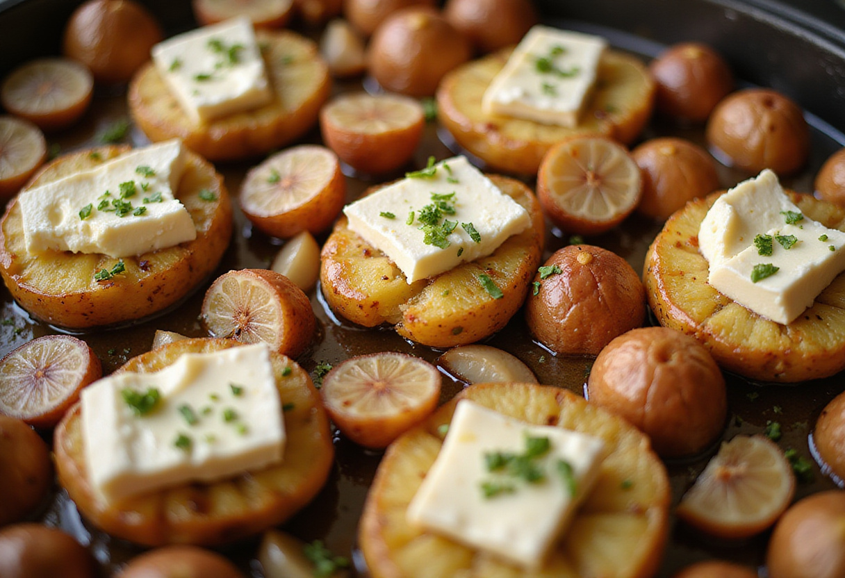 Golden brown roasted potatoes with baked feta cheese and caramelized garlic, a mouthwatering dish perfect for the roasted potatoes with baked feta and garlic recipe.