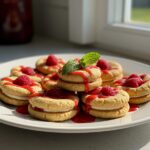 Gourmet presentation of strawberry cheesecake stuffed cookies, adorned with raspberry sauce and fresh mint, perfect for dessert lovers.