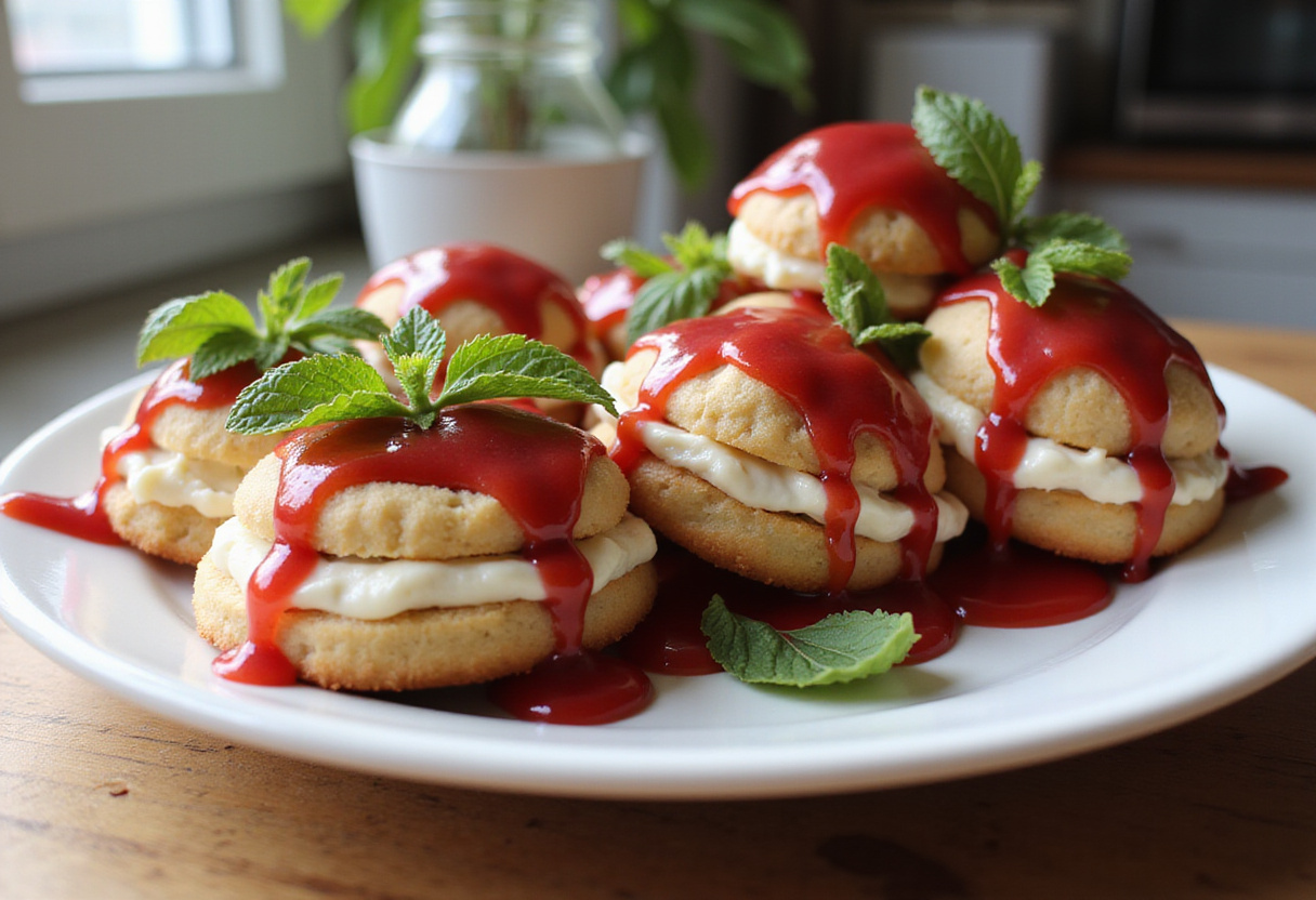 Gourmet presentation of strawberry cheesecake stuffed cookies, adorned with raspberry sauce and fresh mint, perfect for dessert lovers.