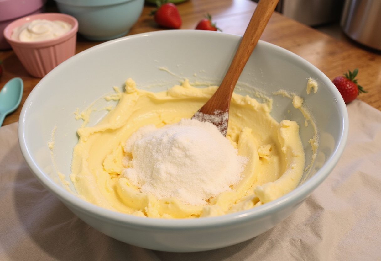 Creamy blend of butter, sugar, and cream cheese for strawberry cheesecake stuffed cookies preparation.