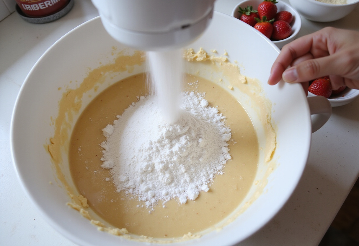 Sifting flour and baking soda into a creamy dough for delicious strawberry cheesecake stuffed cookies.