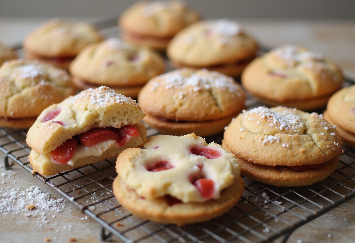 Delicious freshly baked strawberry cheesecake stuffed cookies cooling, showcasing their creamy filling and golden exterior.
