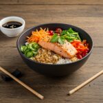 Final presentation of a delicious Salmon Rice Bowl with seared salmon and fresh toppings, perfect for a healthy meal.