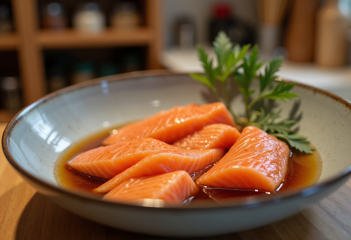 Fresh salmon fillets marinated in soy sauce and sesame oil for a delicious Salmon Rice Bowl.