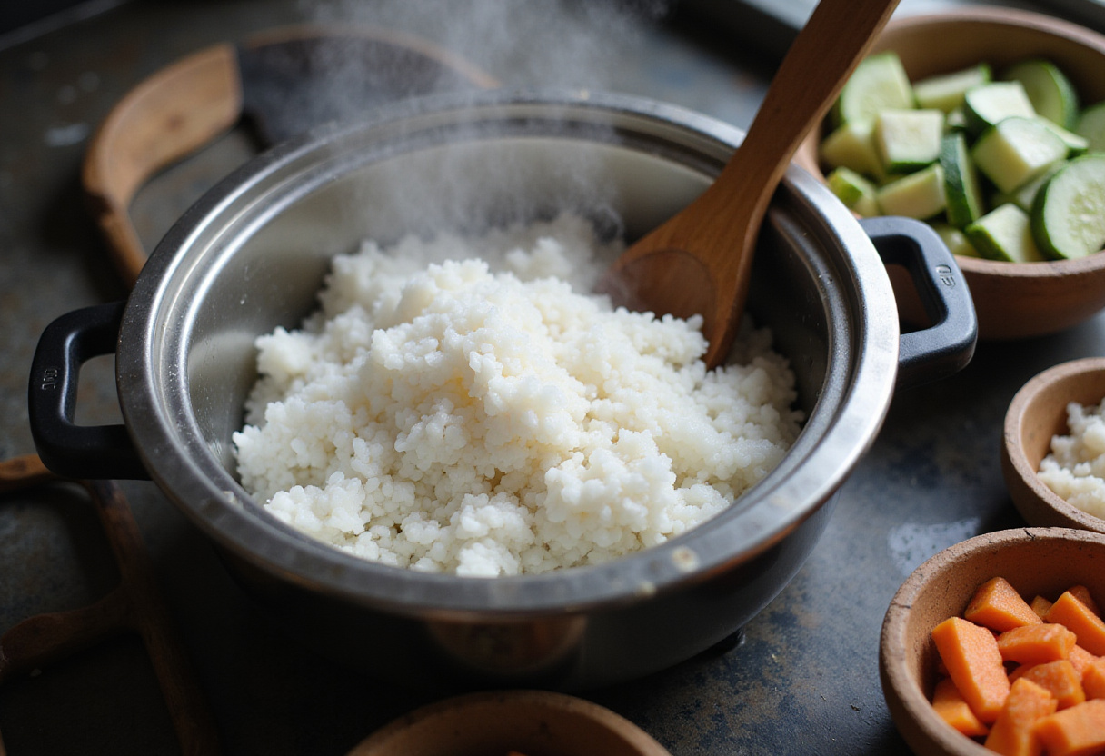 Cooking rice perfectly for a flavorful Salmon Rice Bowl with fresh vegetables.