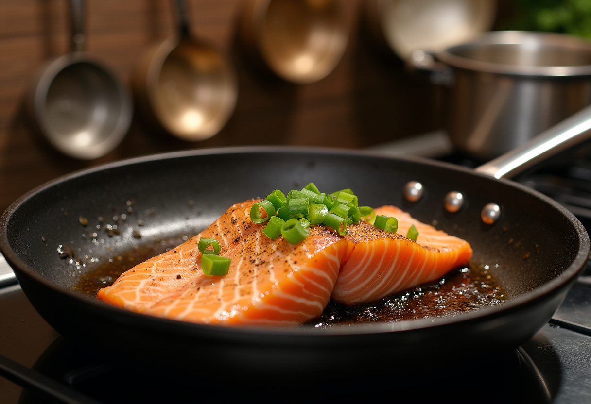Pan-searing marinated salmon for the ultimate Salmon Rice Bowl, enhancing flavors with green onions.