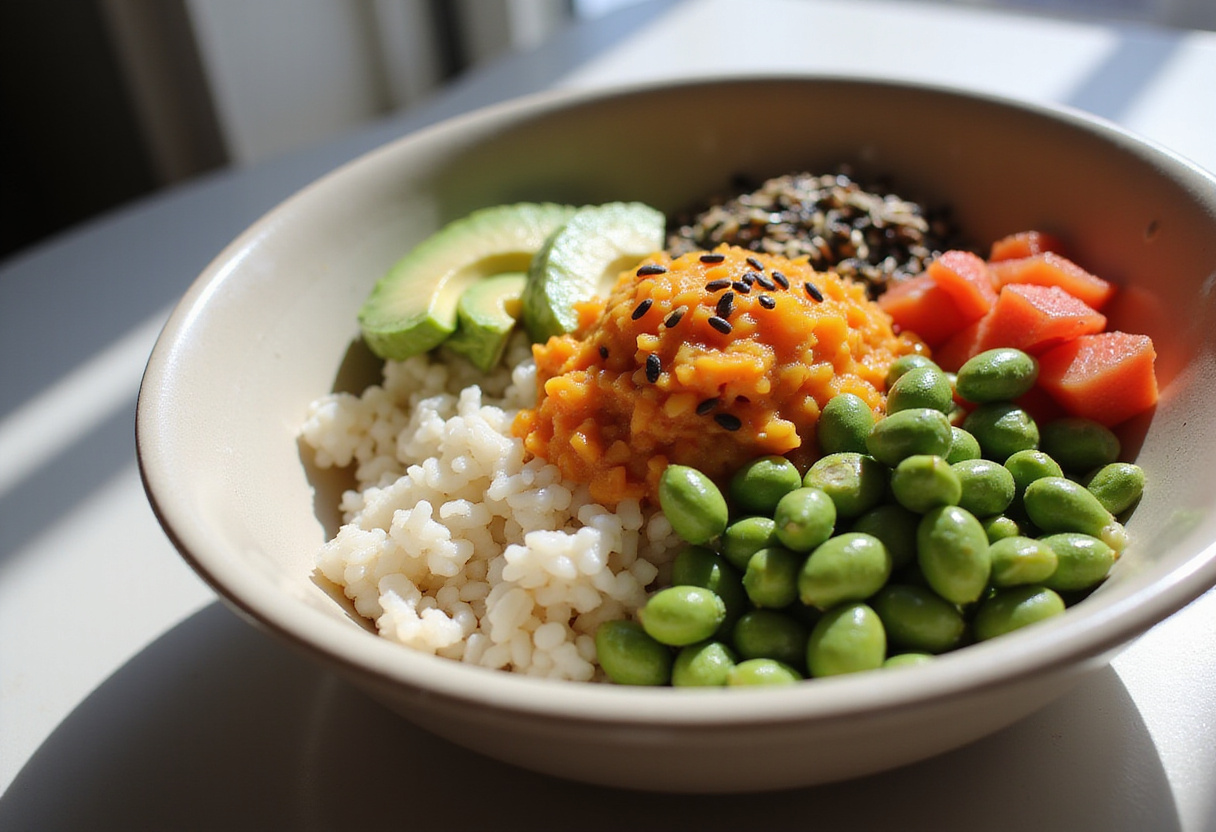Assembling a Salmon Rice Bowl with toppings like avocado, edamame, and sesame seeds for a nutritious meal.