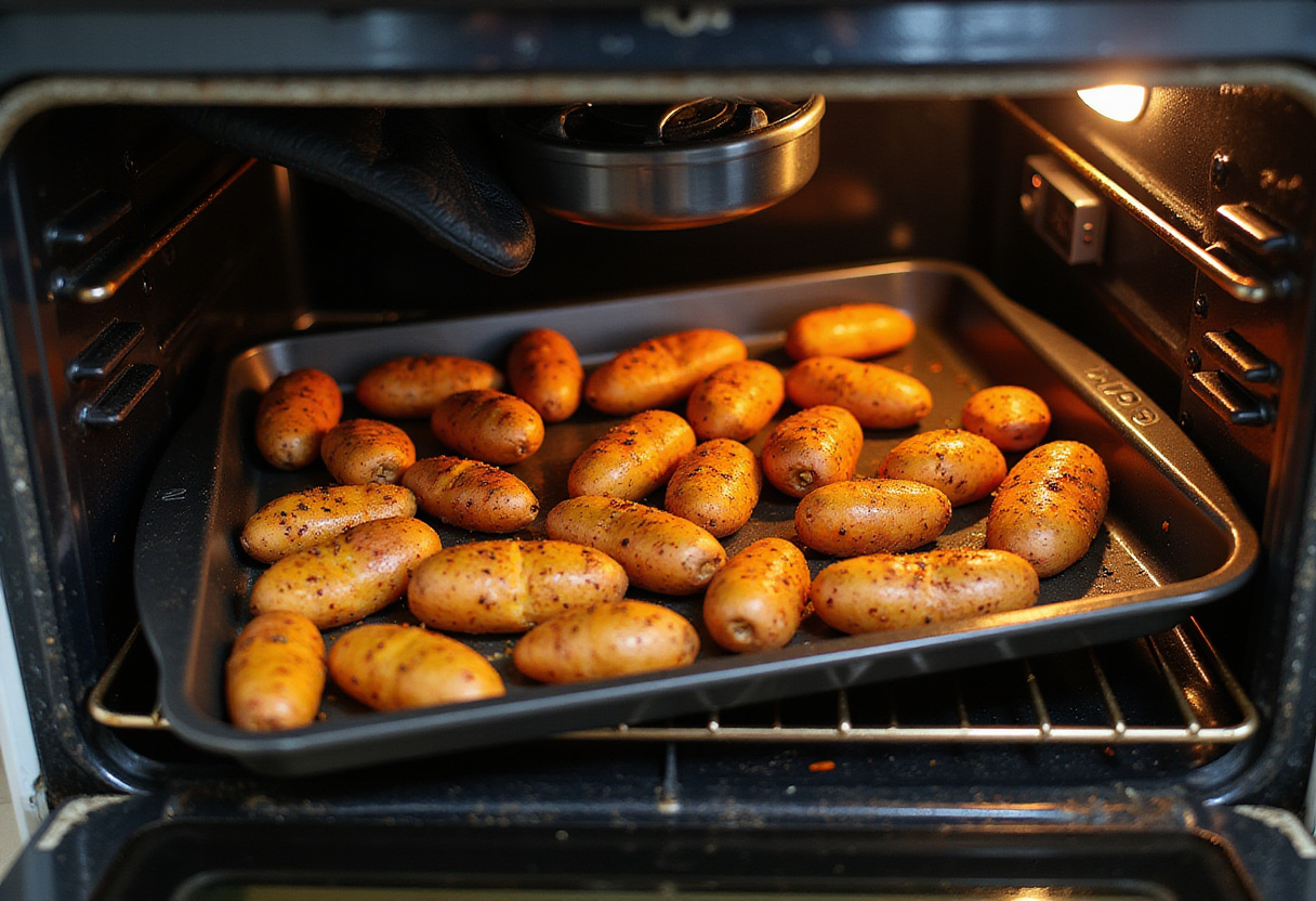 Roasting diced sweet potatoes in the oven, a key step in the Sausage and Sweet Potatoes with Honey Garlic Sauce recipe.