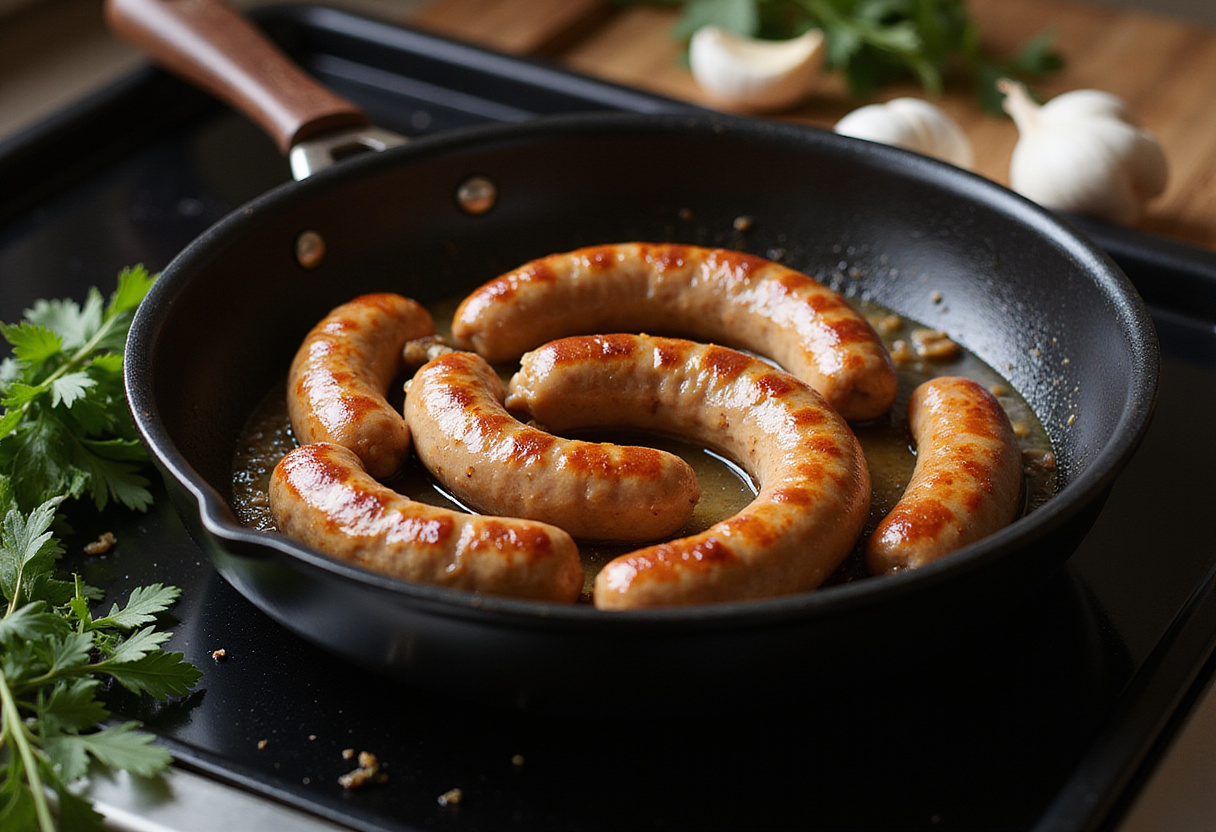 Cooking sausages in a skillet, highlighting the preparation for a flavorful Honey Garlic Sauce in the Sausage and Sweet Potatoes dish.