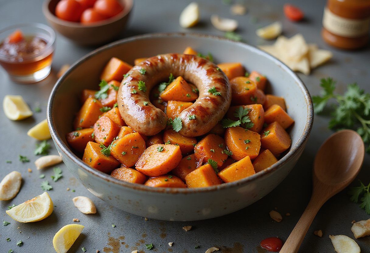 Combining roasted sweet potatoes and sausages in honey garlic sauce, a delicious assembly step for the Sausage and Sweet Potatoes recipe.