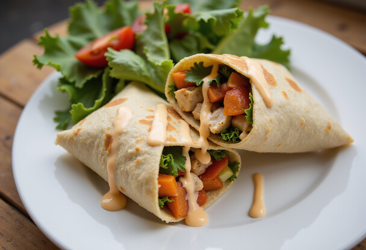 Delicious Savory Chicken Wraps with garlic cream sauce, beautifully plated with a fresh salad on the side.
