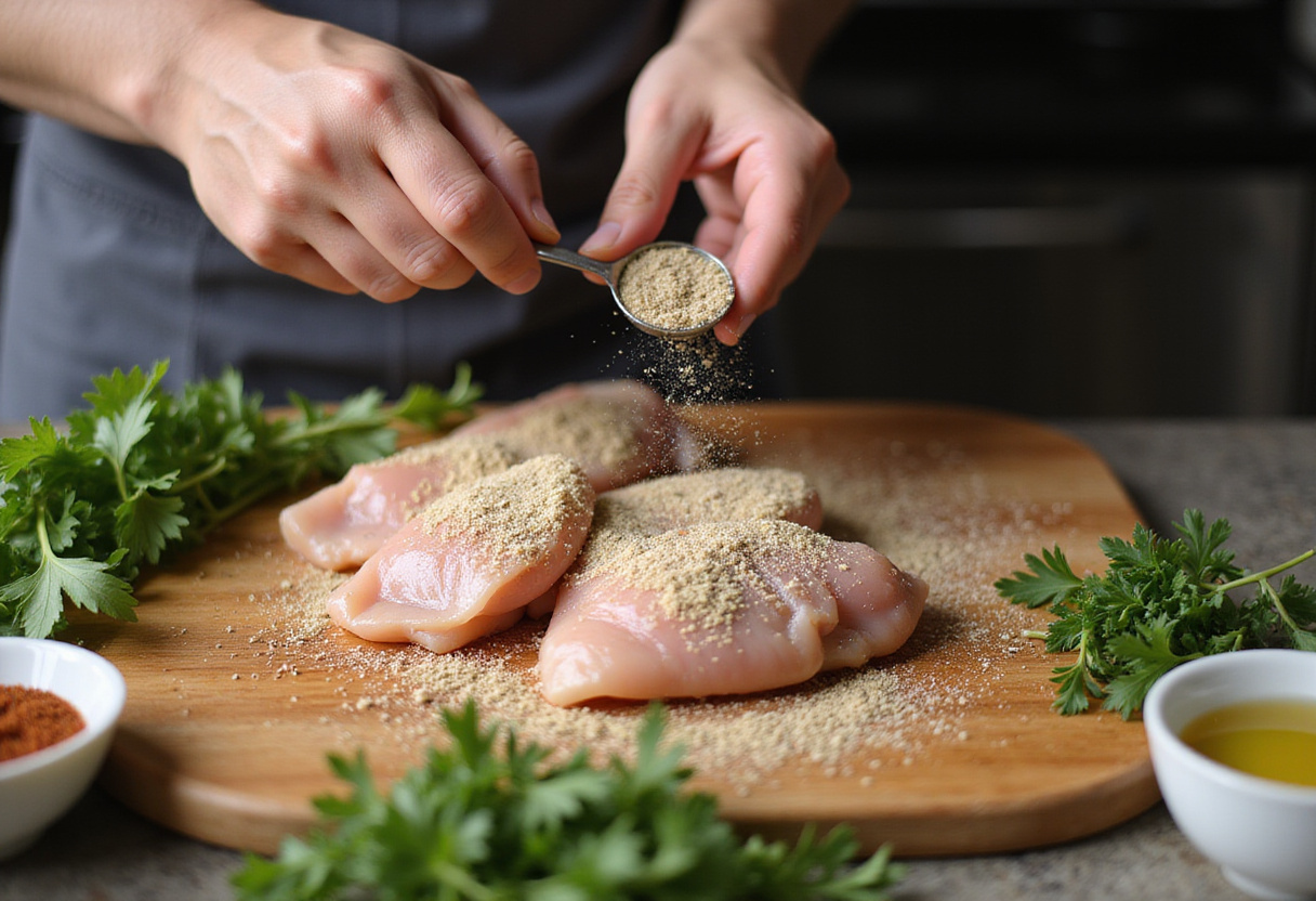 Savory Chicken Wraps preparation featuring seasoned chicken breast pieces with garlic and herbs.