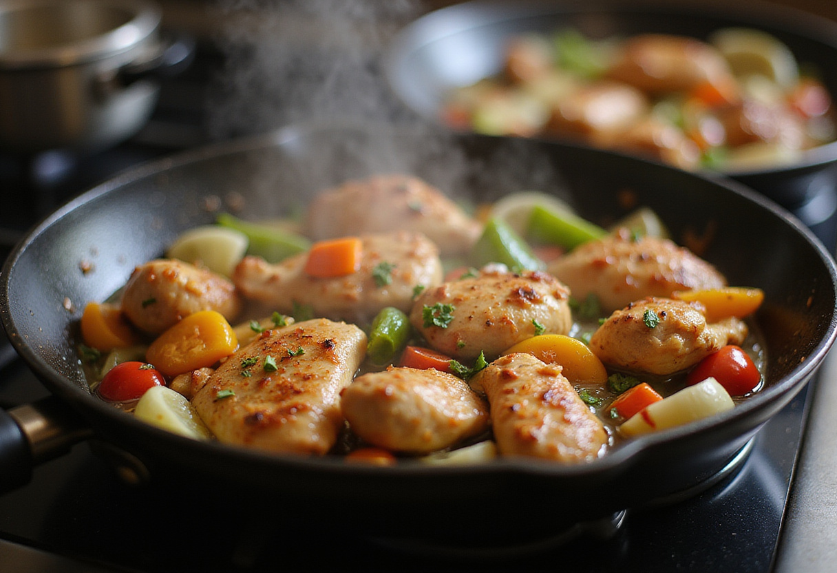 Cooking seasoned chicken for Savory Chicken Wraps in a skillet with vibrant bell peppers and onions.