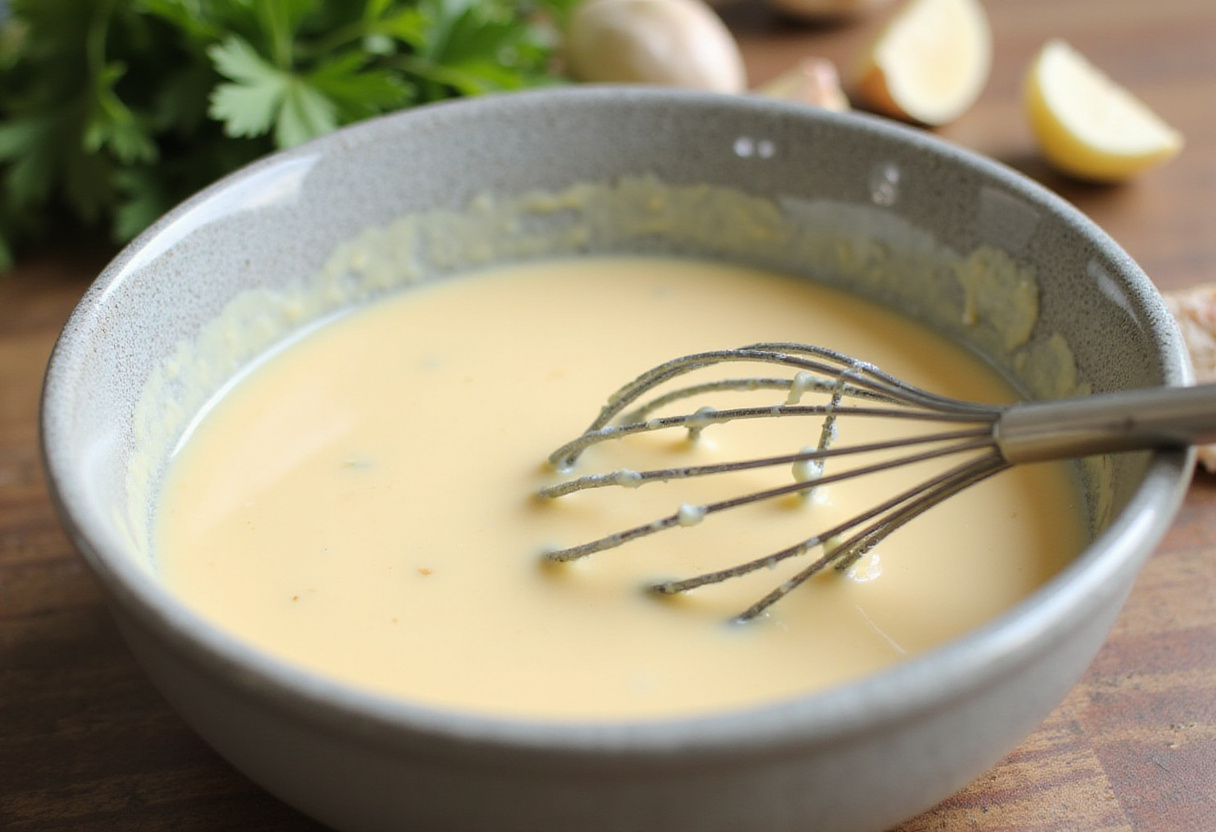 Preparing garlic cream sauce for Savory Chicken Wraps, featuring fresh garlic and parsley.