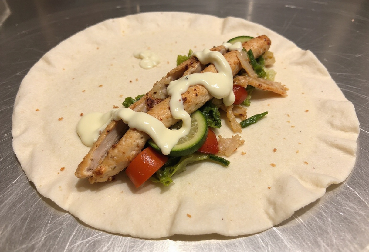 Assembling Savory Chicken Wraps with seasoned chicken, sautéed vegetables, and garlic cream sauce in a tortilla.