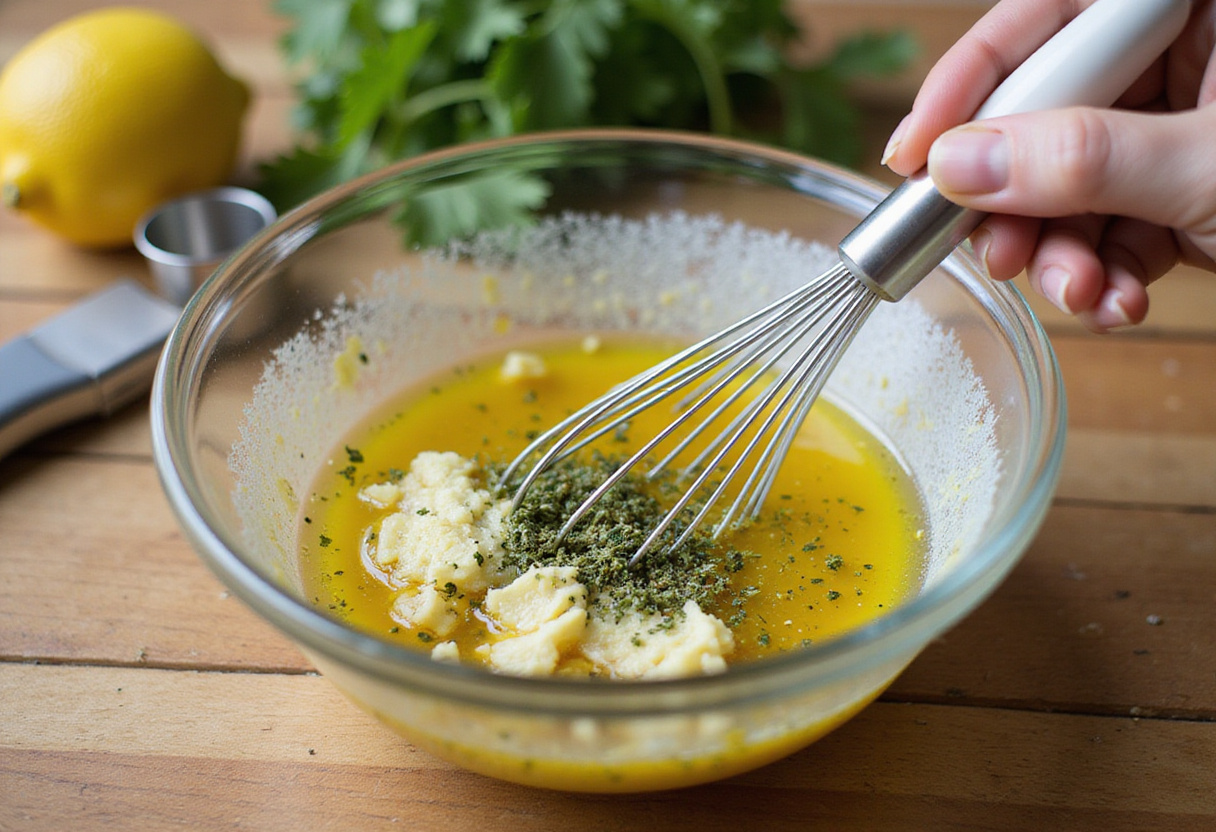 Savory Lemon Herb Roasted Chicken Thighs preparation with olive oil, lemon juice, herbs, and garlic in a mixing bowl.