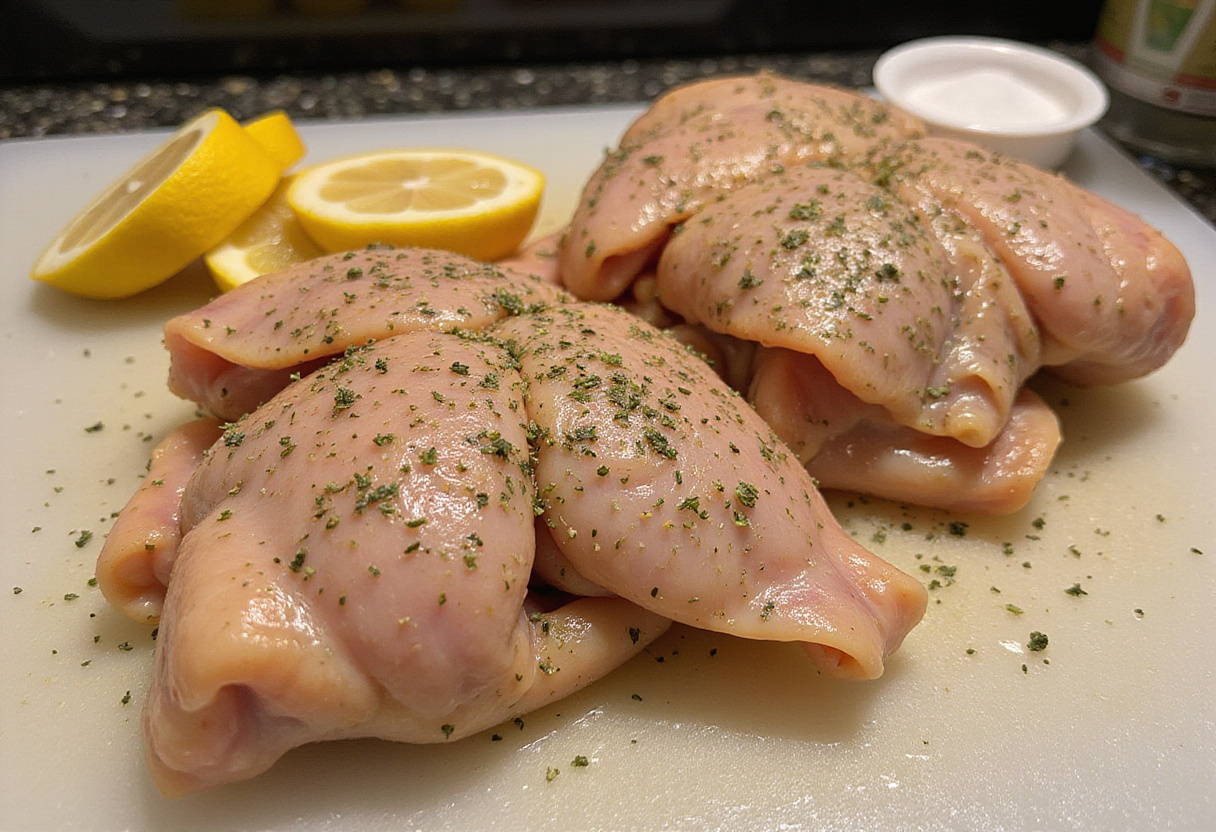 Seasoning chicken thighs for savory lemon herb roasting, showcasing fresh herbs and lemons, great for any occasion.