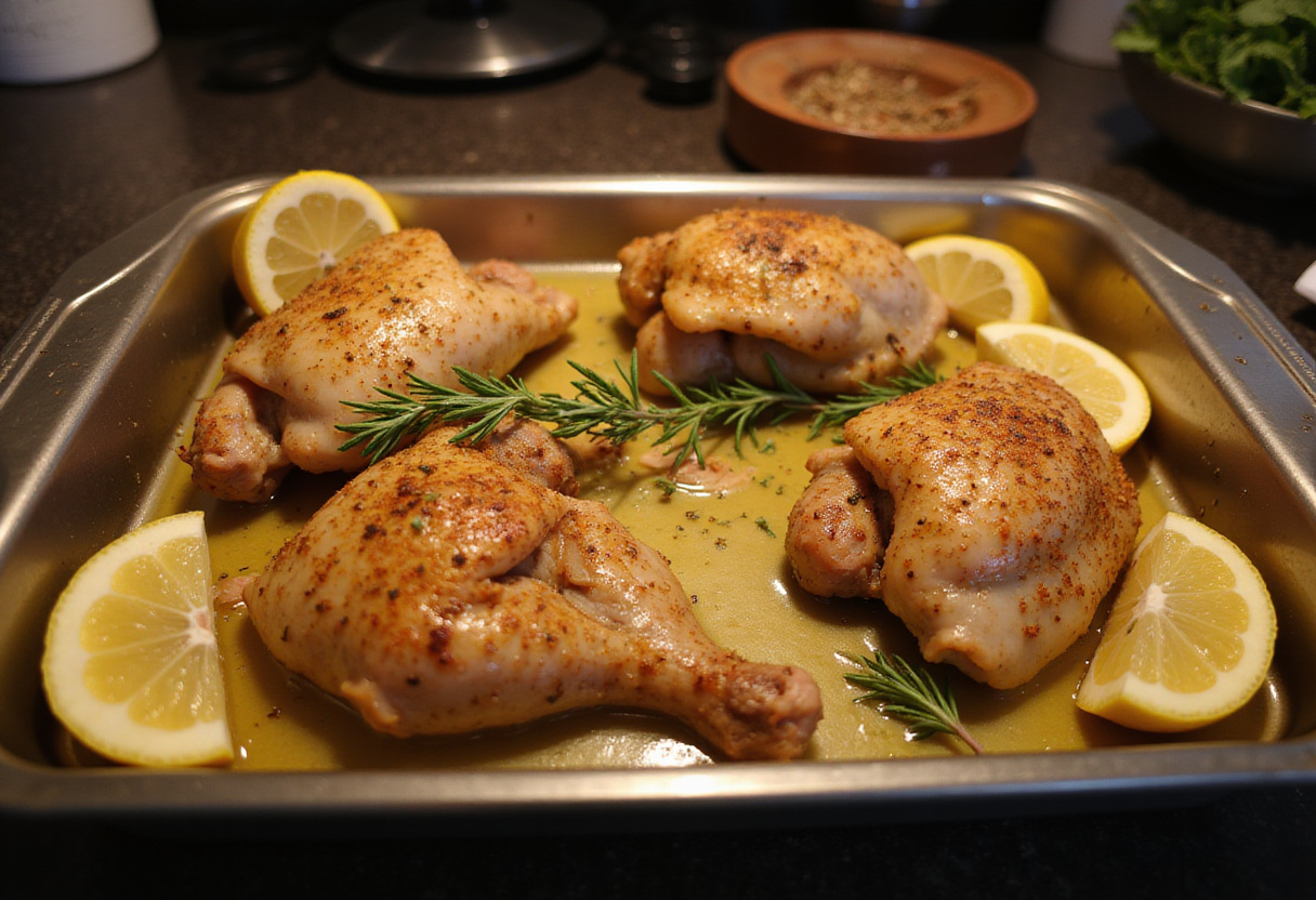 Savory lemon herb chicken thighs in a baking dish, prepared for roasting in a warm kitchen ambiance.