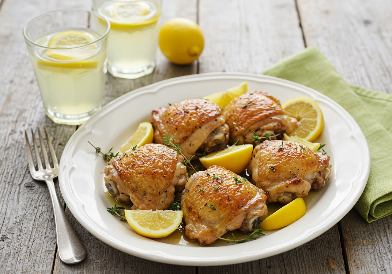 Rendered final view of savory lemon herb roasted chicken thighs, presented elegantly with herbs and lemons on a rustic table.