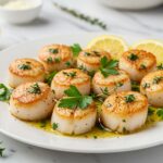 Final presentation of seared scallops with garlic basil butter, a gourmet seafood dish perfect for any occasion.