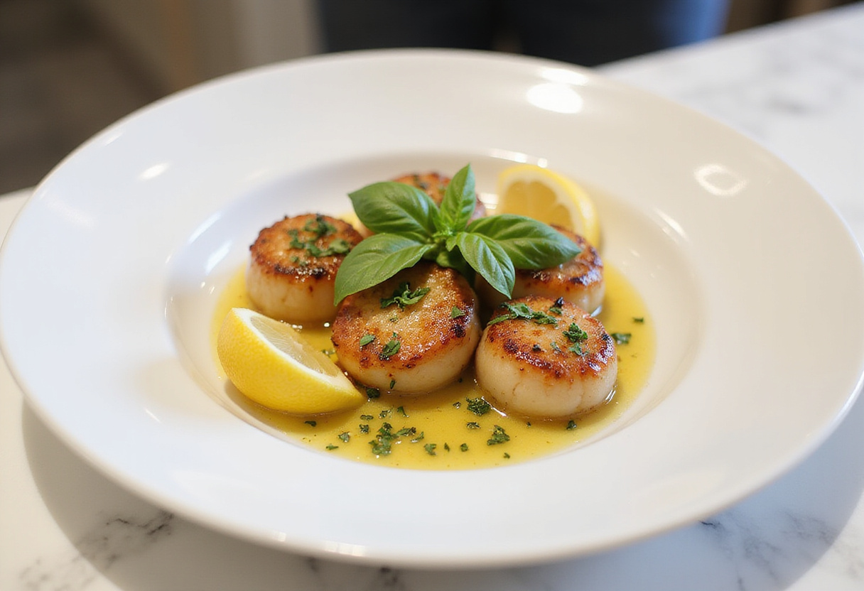 Final presentation of seared scallops with garlic basil butter, a gourmet seafood dish perfect for any occasion.