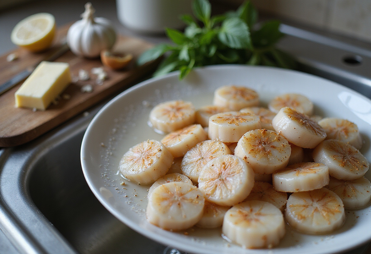 Fresh scallops preparation for seared scallops with garlic basil butter recipe, showcasing ingredients for optimal flavor.