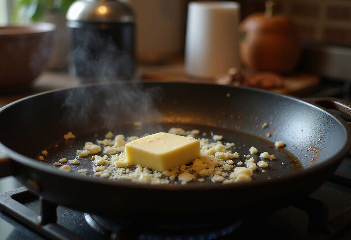 Melting butter and sautéing garlic in preparation for seared scallops, essential step for delicious garlic basil butter sauce.