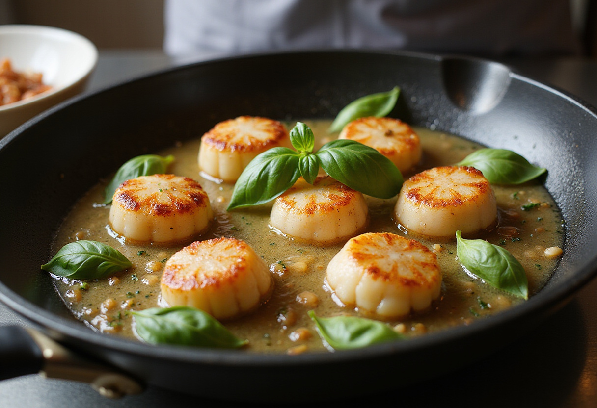 Sizzling scallops in garlic basil butter, capturing the essence of seared seafood perfection in the kitchen.