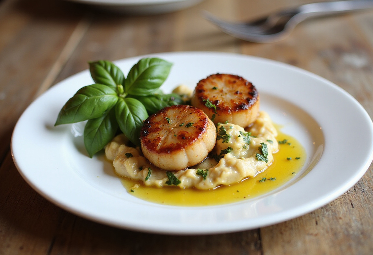 Plating seared scallops with garlic basil butter, showcasing an appetizing, gourmet presentation.