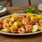 Deliciously presented Sheet-Pan Shrimp Boil on a dining table, featuring shrimp, corn, and lemon wedges, showcasing a festive, inviting meal.