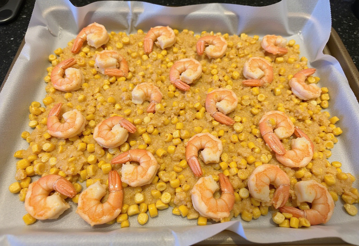 Sheet pan ready with seasoned shrimp and corn spread out for cooking, highlighting the preparation for a delicious shrimp boil.