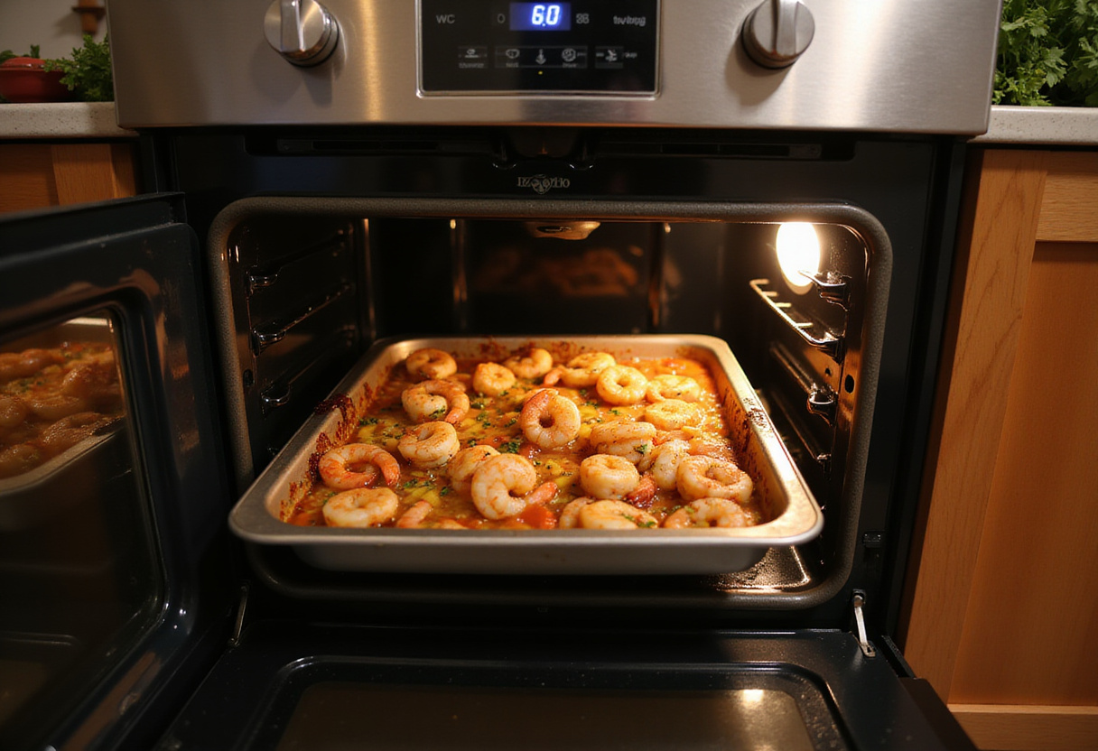 Placing the sheet pan of shrimp and corn in the oven, demonstrating the final cooking step of making a flavorful shrimp boil.