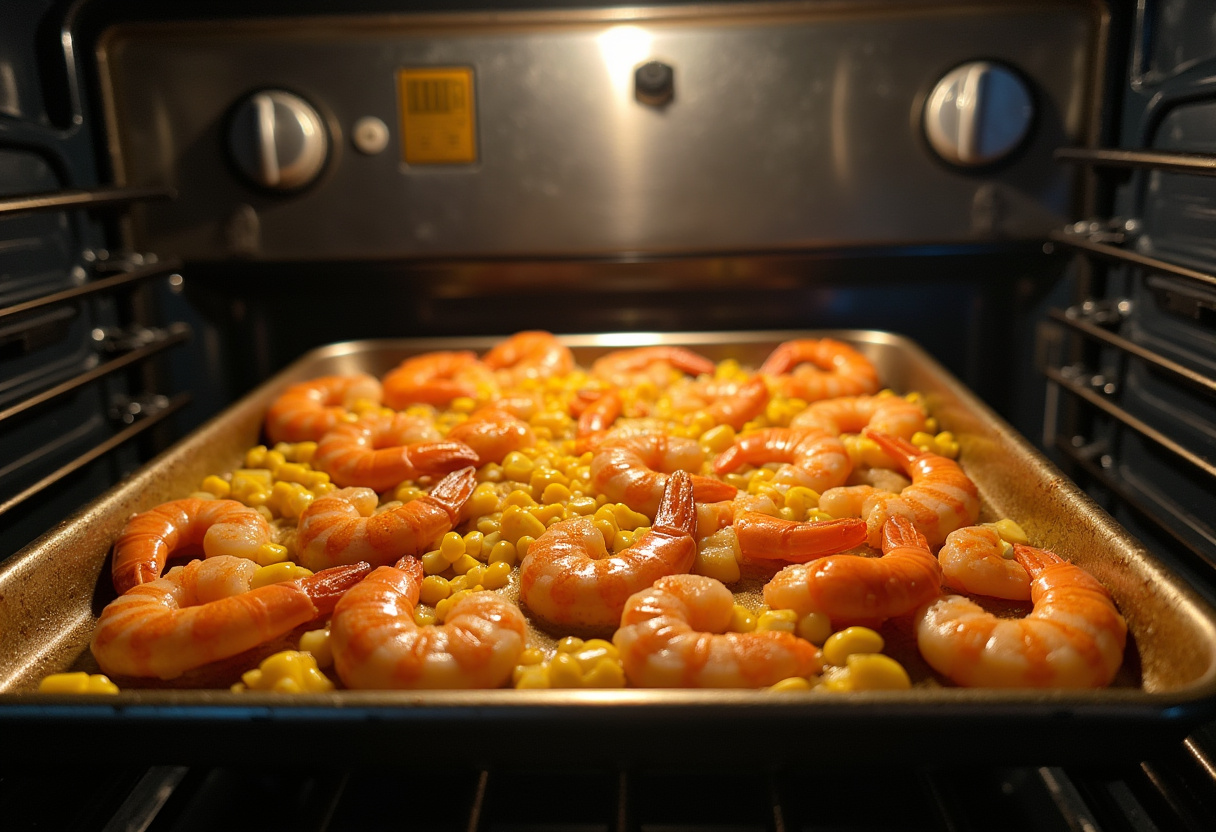 A perfectly cooked Sheet-Pan Shrimp Boil just out of the oven, showcasing vibrant colors and textures ready to be served.