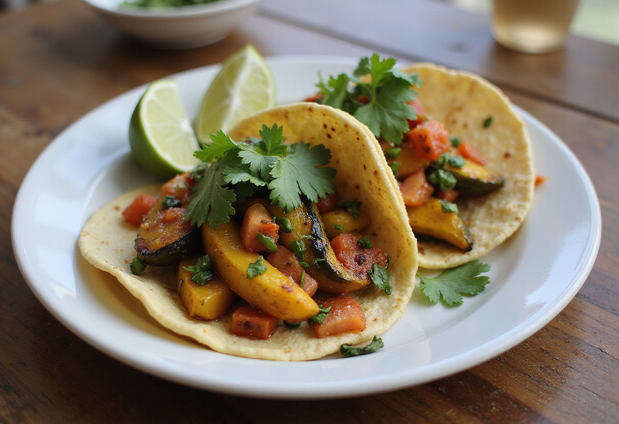 Final presentation of sheet-pan summer squash tacos with vibrant ingredients - a delicious recipe for summer dining.
