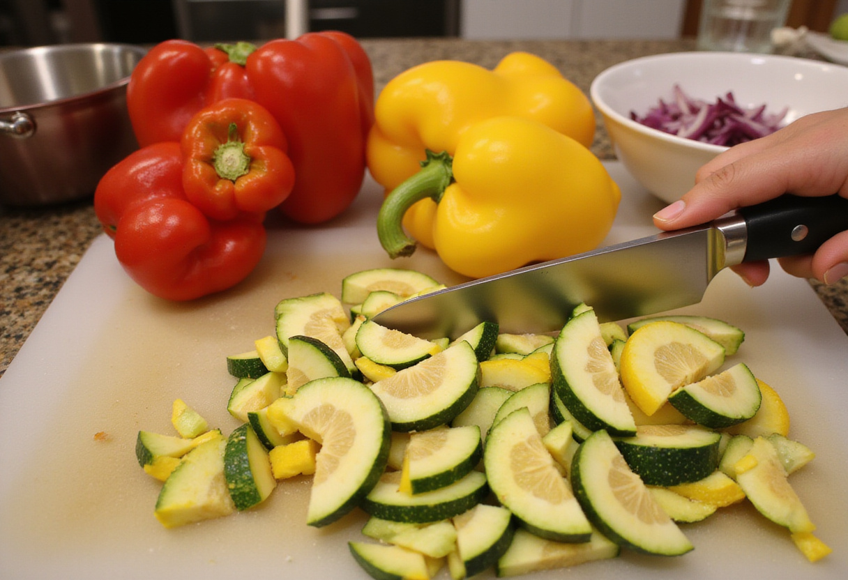 Cutting fresh summer squash, bell peppers, and onions for sheet-pan tacos - summer squash tacos recipe fresh ingredients.