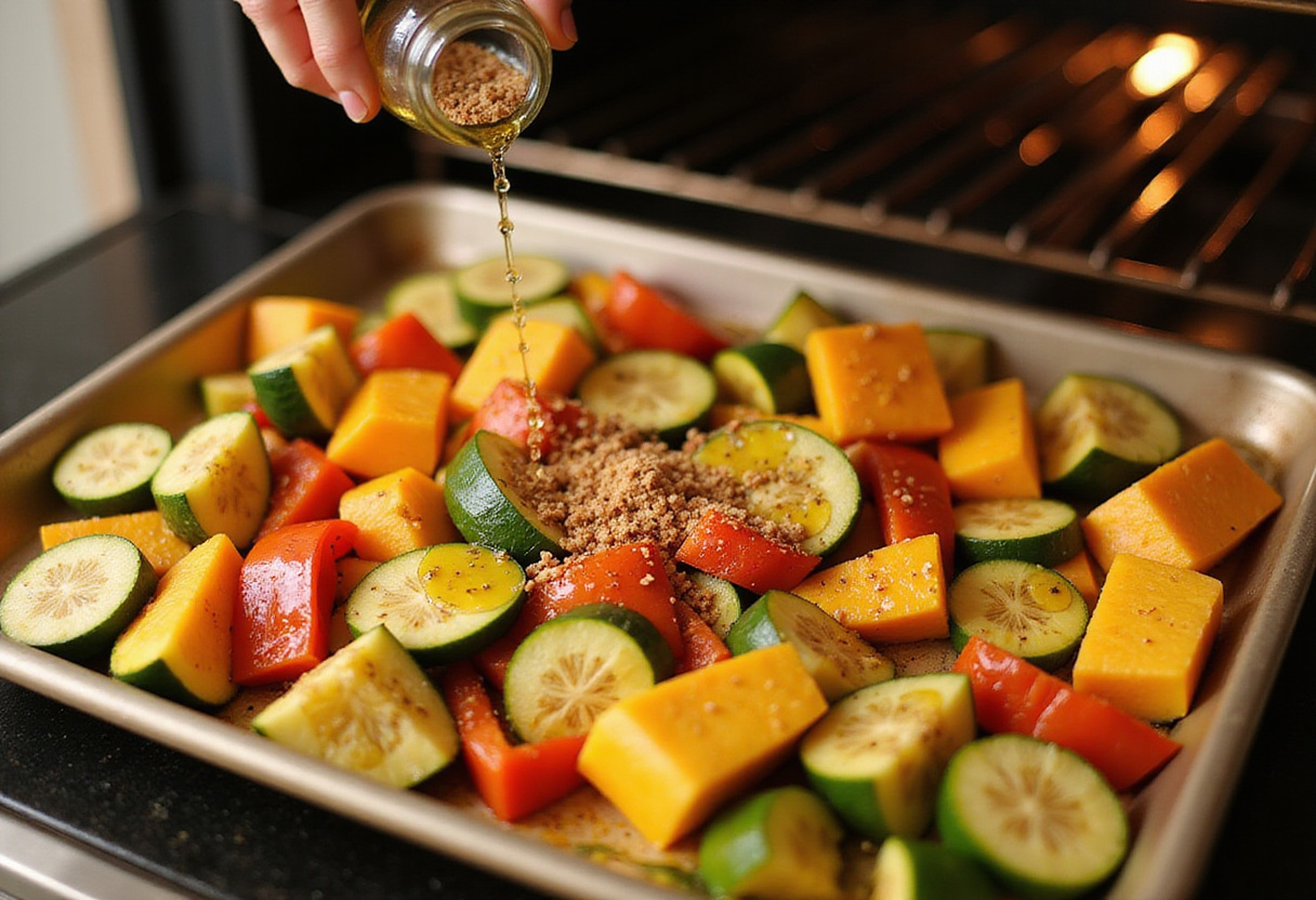 Preparing vegetables on a sheet pan for summer squash tacos - vibrant and flavorful preparation steps.
