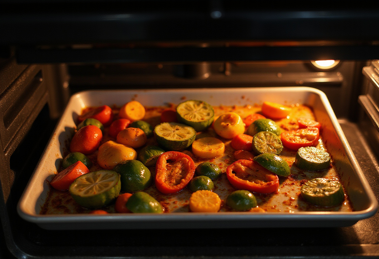 Roasting summer squash and peppers in the oven for delicious tacos - a crucial step in preparing sheet-pan tacos.