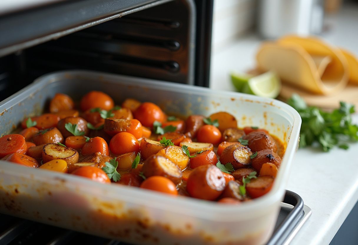 Freshly roasted summer squash and peppers ready for tacos - preparing to assemble delicious sheet-pan summer squash tacos.